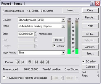 The Record dialog in Sony Sound Forge